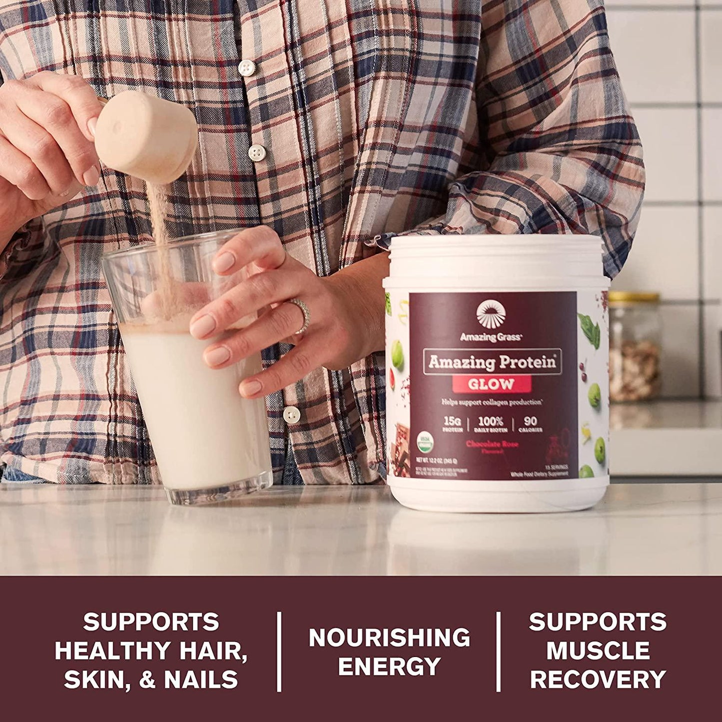 Amazing Grass GLOW Vegan Protein Powder: Organic Plant Based Collagen Support Protein Powder with Biotin Supplements, Chocolate Rose Flavor, 15 Servings