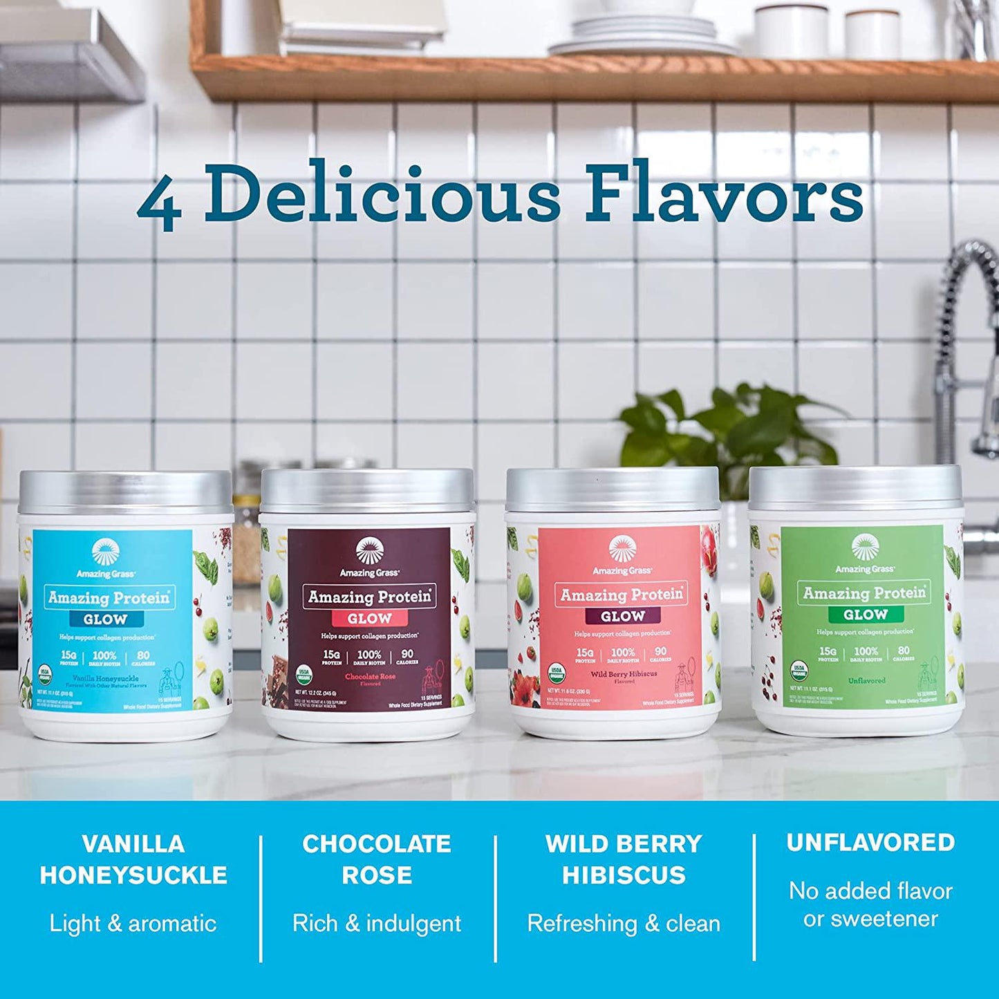 Amazing Grass GLOW Vegan Collagen Support with Biotin and Plant Based Protein Powder, Vanilla Honeysuckle, 15 Servings