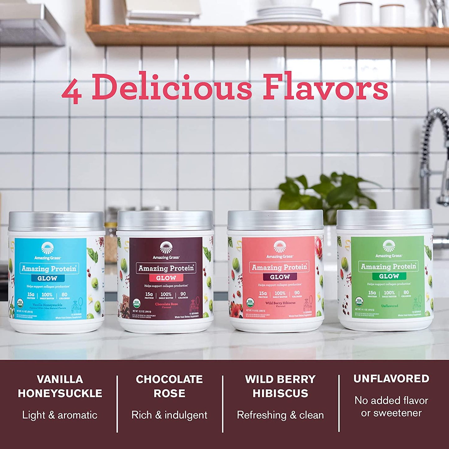 Amazing Grass GLOW Vegan Protein Powder: Organic Plant Based Collagen Support Protein Powder with Biotin Supplements, Chocolate Rose Flavor, 15 Servings