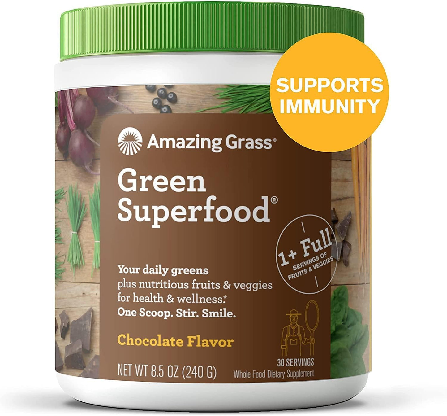 Amazing Grass Green Superfood: Organic Wheat Grass and 7 Super Greens Powder, 2 servings of Fruits and Veggies per scoop, Chocolate Flavor, 30 Servings