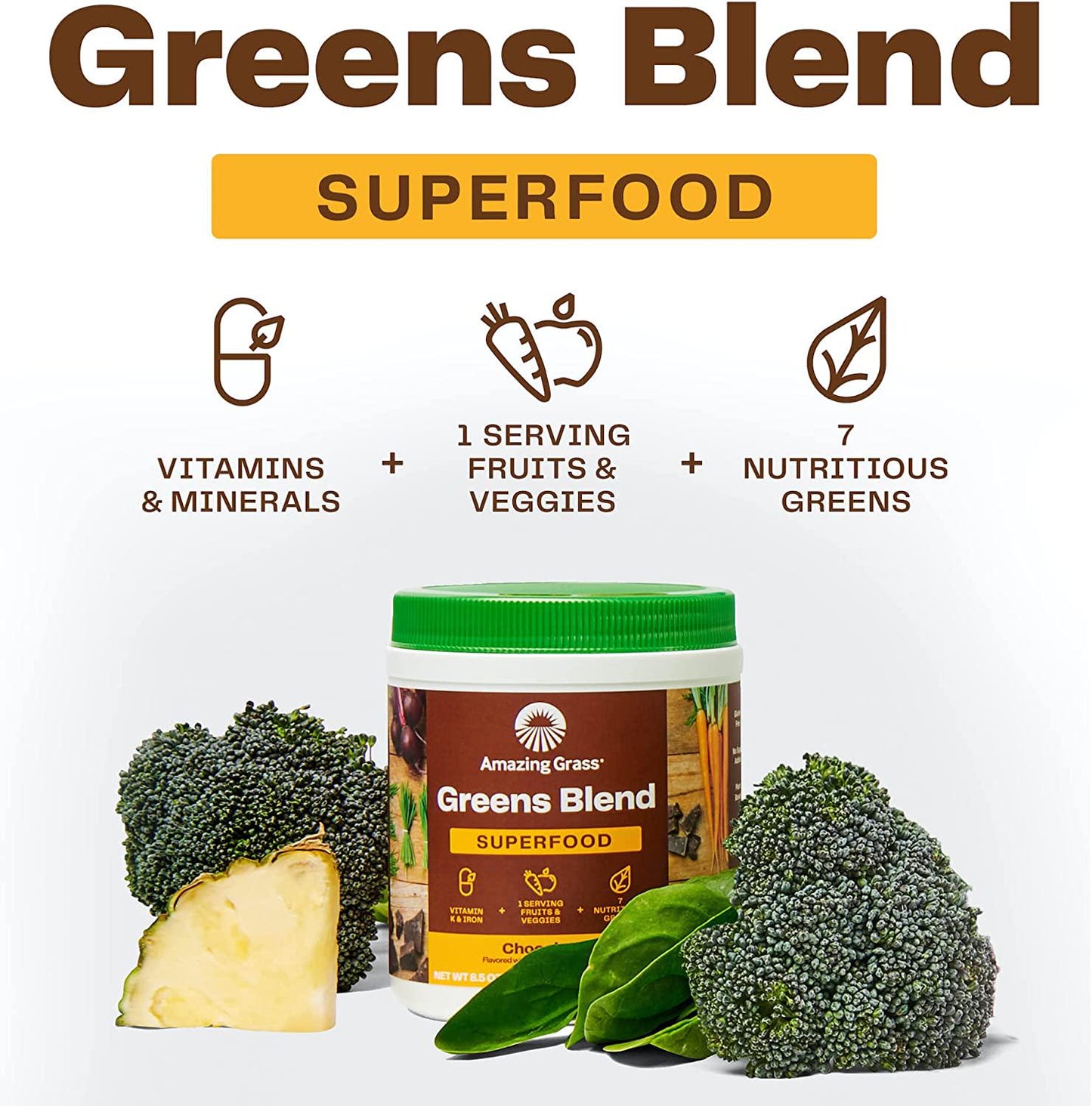 Amazing Grass Green Superfood: Organic Wheat Grass and 7 Super Greens Powder, 2 servings of Fruits and Veggies per scoop, Chocolate Flavor, 30 Servings