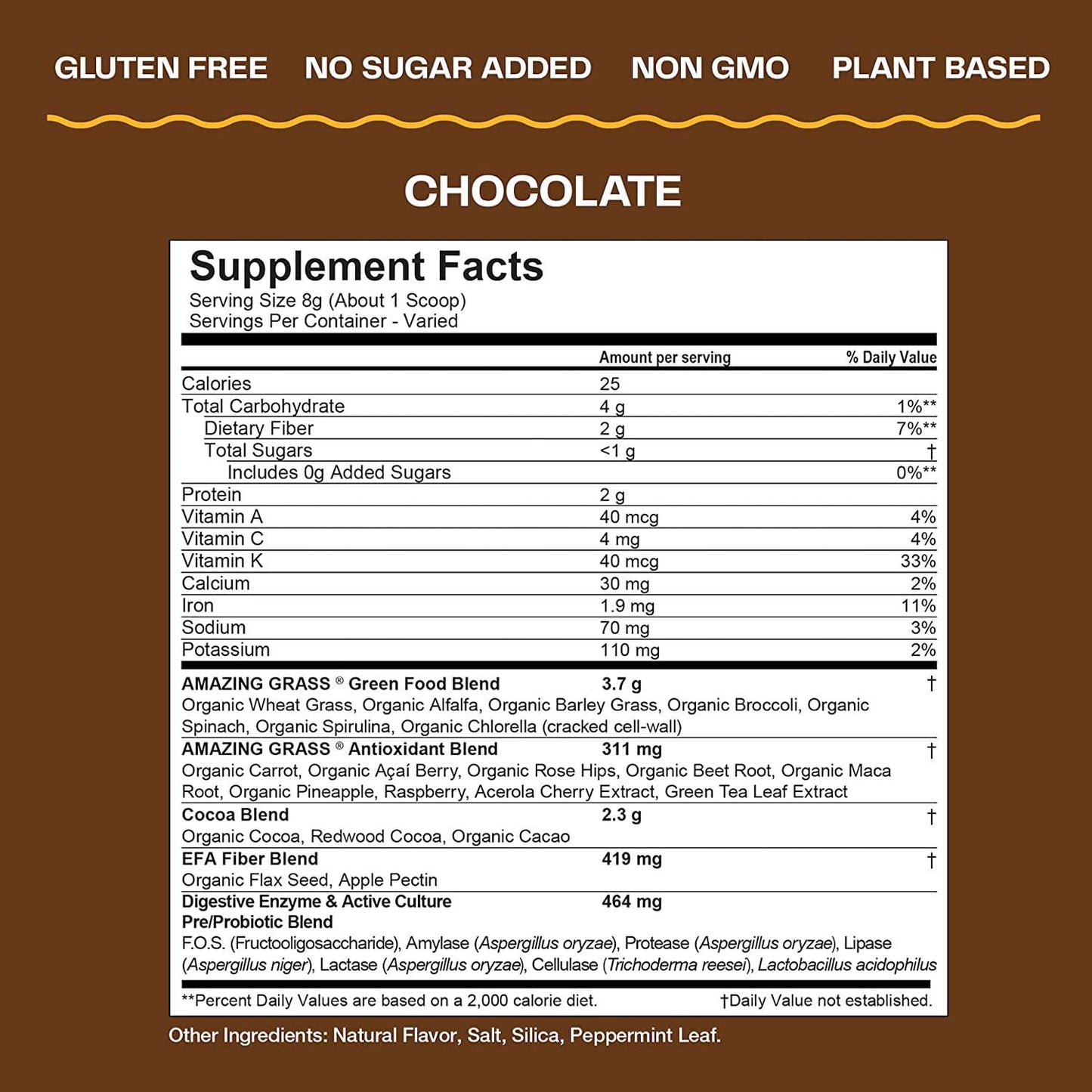 Amazing Grass Green Superfood: Organic Wheat Grass and 7 Super Greens Powder, 2 servings of Fruits and Veggies per scoop, Chocolate Flavor, 30 Servings