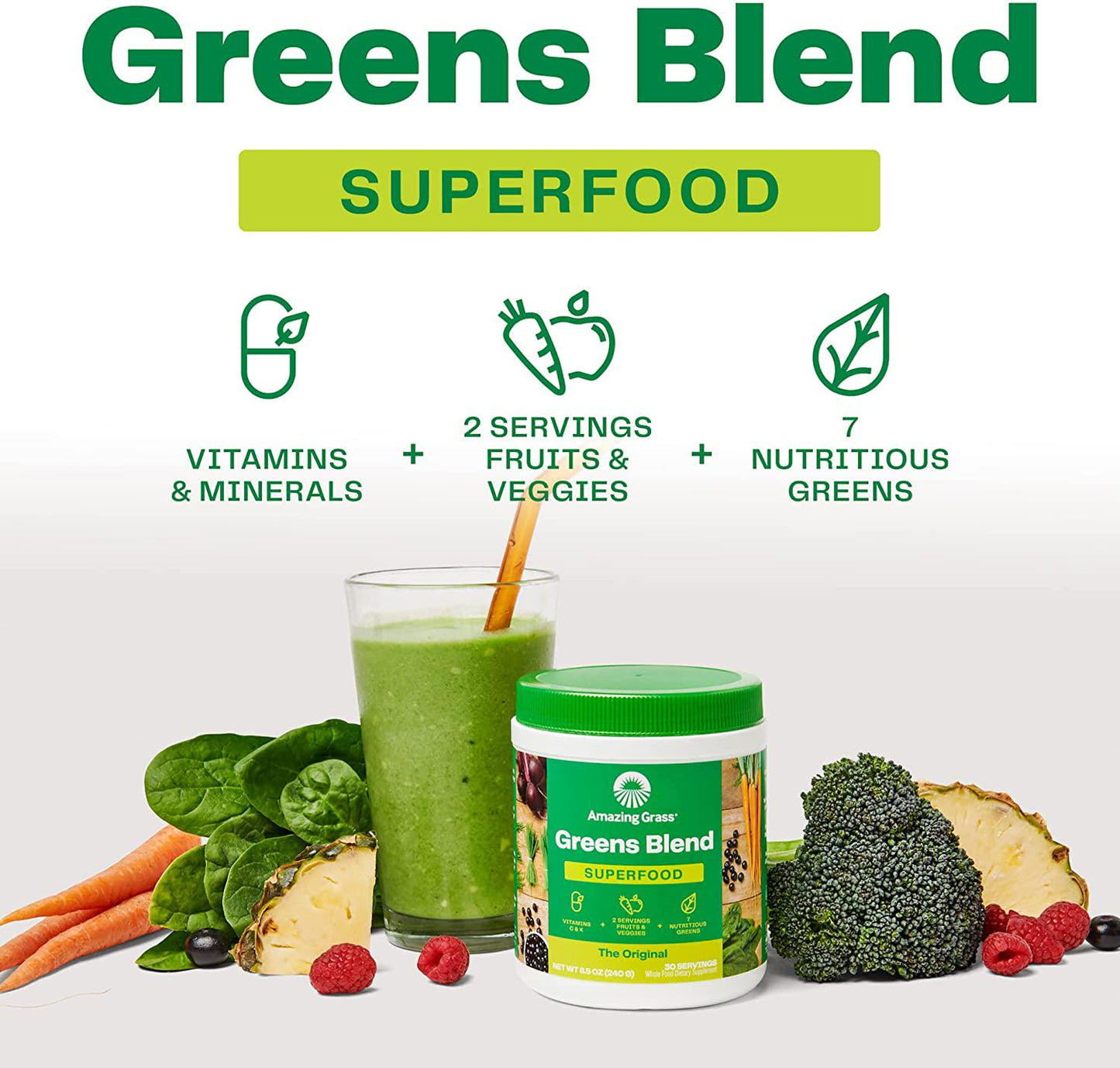 Amazing Grass Greens Blend Superfood: Super Greens Powder with Spirulina, Chlorella, Beet Root Powder, Digestive Enzymes and Probiotics, Original, 30 Servings (Packaging May Vary)