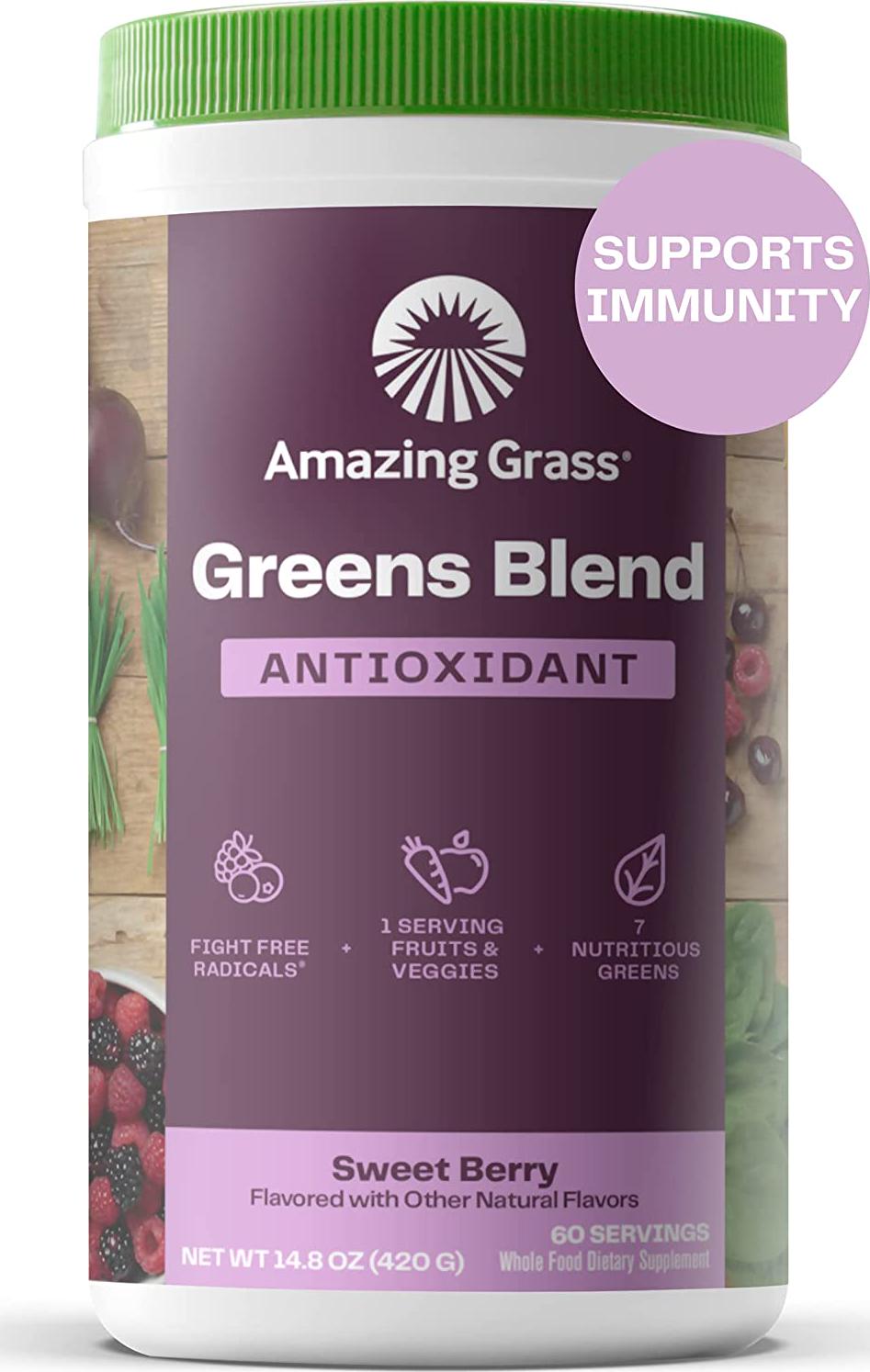 Amazing Grass Greens Blend Antioxidant: Super Greens Powder with Spirulina, Beet Root Powder, Elderberry and Probiotics, Sweet Berry, 60 Servings (Packaging May Vary)