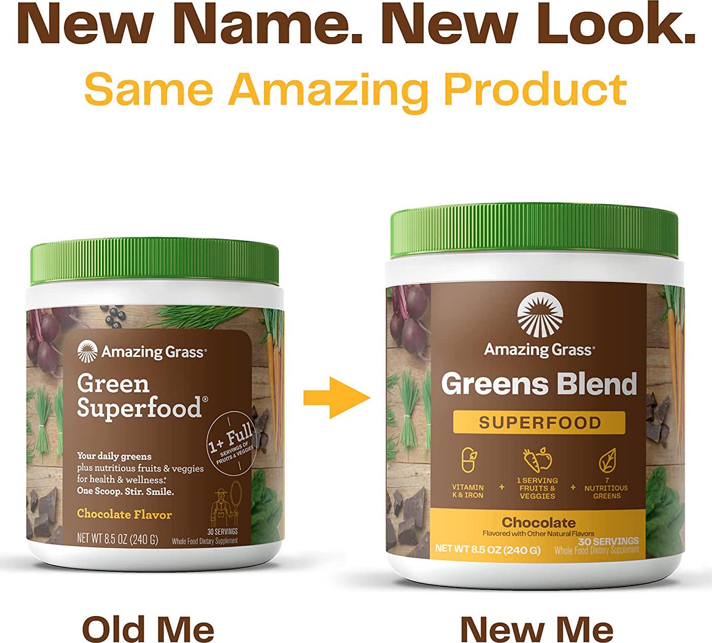 Amazing Grass Greens Blend Superfood: Super Greens Powder with Spirulina, Chlorella, Beet Root Powder, Digestive Enzymes and Probiotics, Chocolate, 60 Servings (Packaging May Vary)
