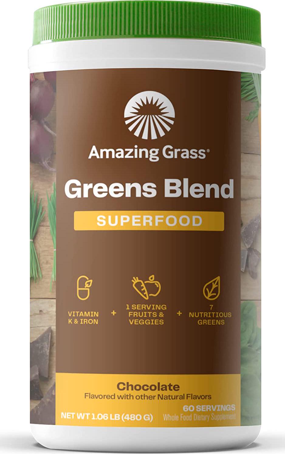 Amazing Grass Greens Blend Superfood: Super Greens Powder with Spirulina, Chlorella, Beet Root Powder, Digestive Enzymes and Probiotics, Chocolate, 60 Servings (Packaging May Vary)