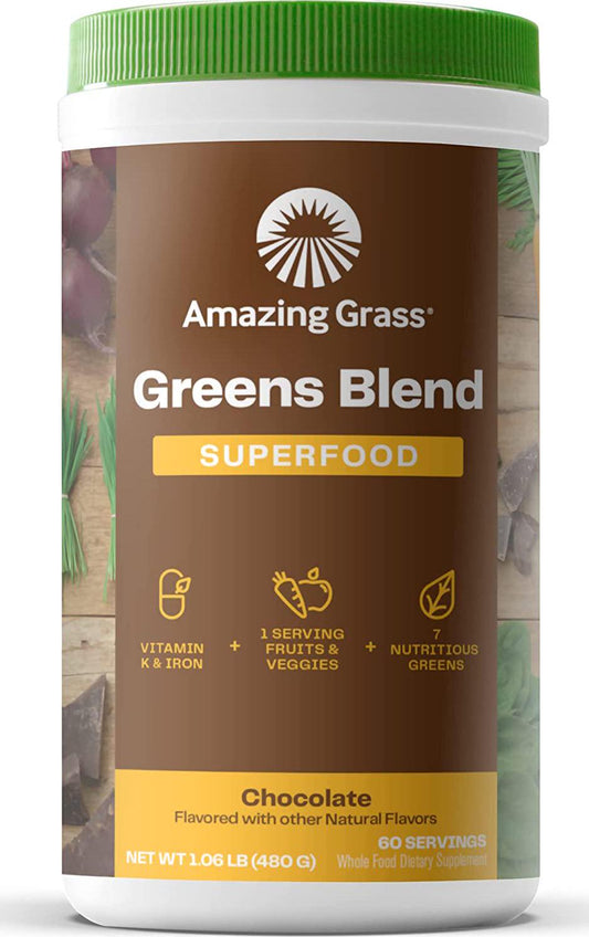 Amazing Grass Greens Blend Superfood: Super Greens Powder with Spirulina, Chlorella, Beet Root Powder, Digestive Enzymes and Probiotics, Chocolate, 60 Servings (Packaging May Vary)