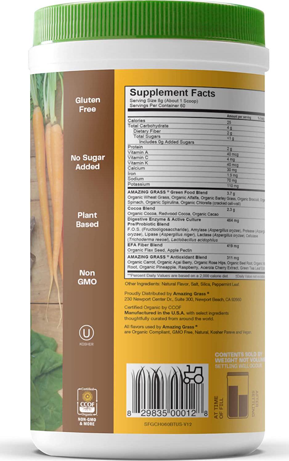 Amazing Grass Greens Blend Superfood: Super Greens Powder with Spirulina, Chlorella, Beet Root Powder, Digestive Enzymes and Probiotics, Chocolate, 60 Servings (Packaging May Vary)