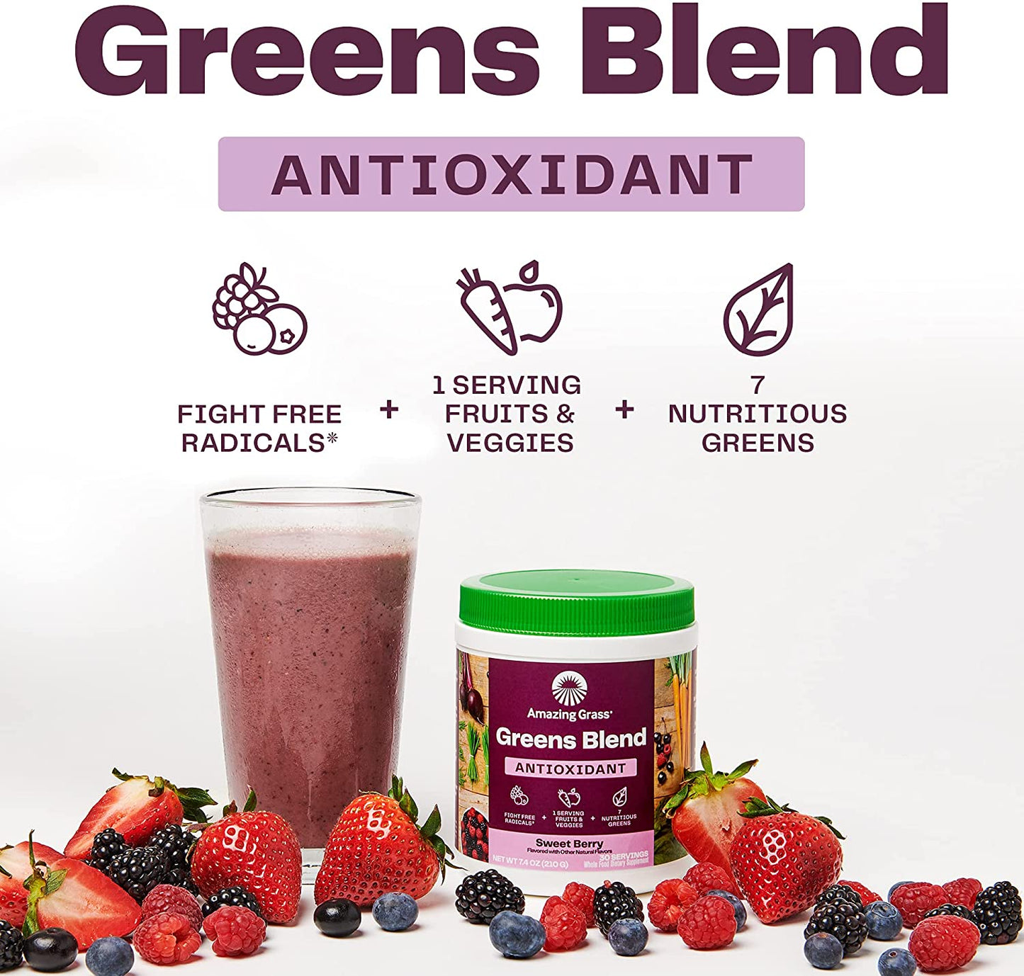 Amazing Grass Greens Blend Antioxidant: Super Greens Powder with Spirulina, Beet Root Powder, Elderberry and Probiotics, Sweet Berry, 60 Servings (Packaging May Vary)