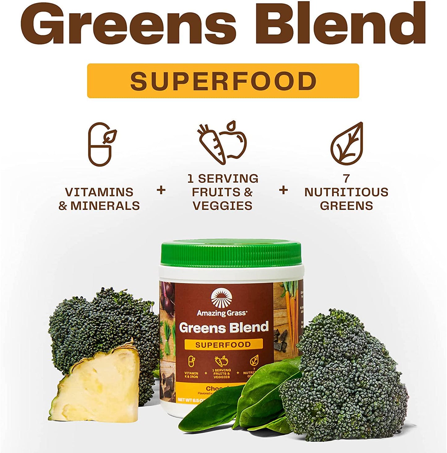 Amazing Grass Greens Blend Superfood: Super Greens Powder with Spirulina, Chlorella, Beet Root Powder, Digestive Enzymes and Probiotics, Chocolate, 60 Servings (Packaging May Vary)