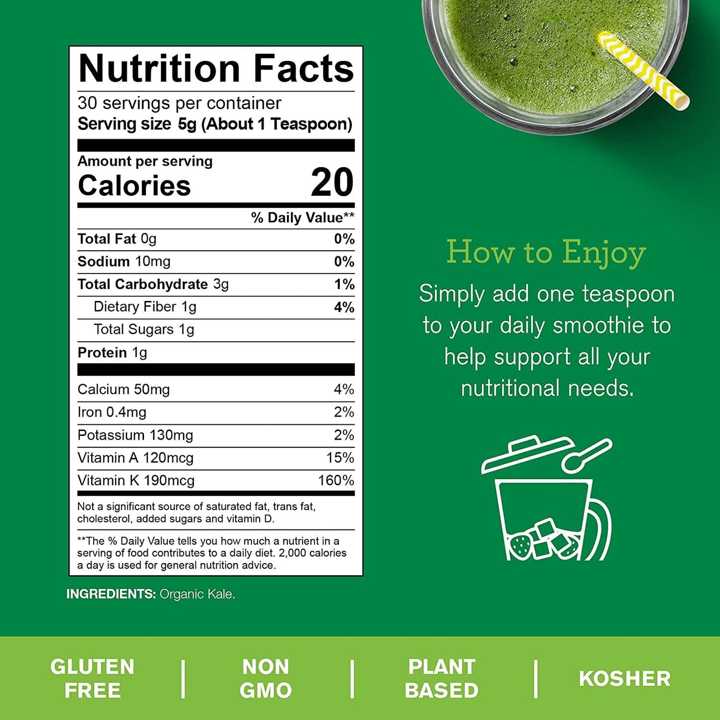 Amazing Grass Organic Kale Powder: Smoothie Booster with Super Greens and Vitamin K, 30 Servings