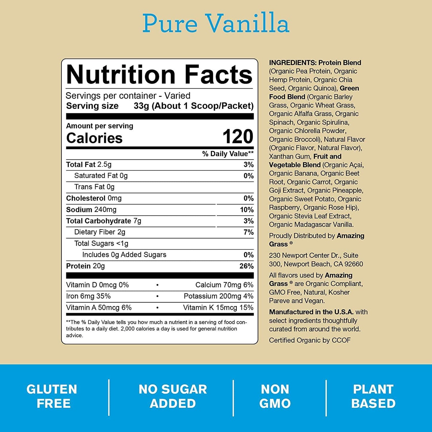 Amazing Grass PSF Powder, Pure Vanilla, 20 Servings (Old Version)