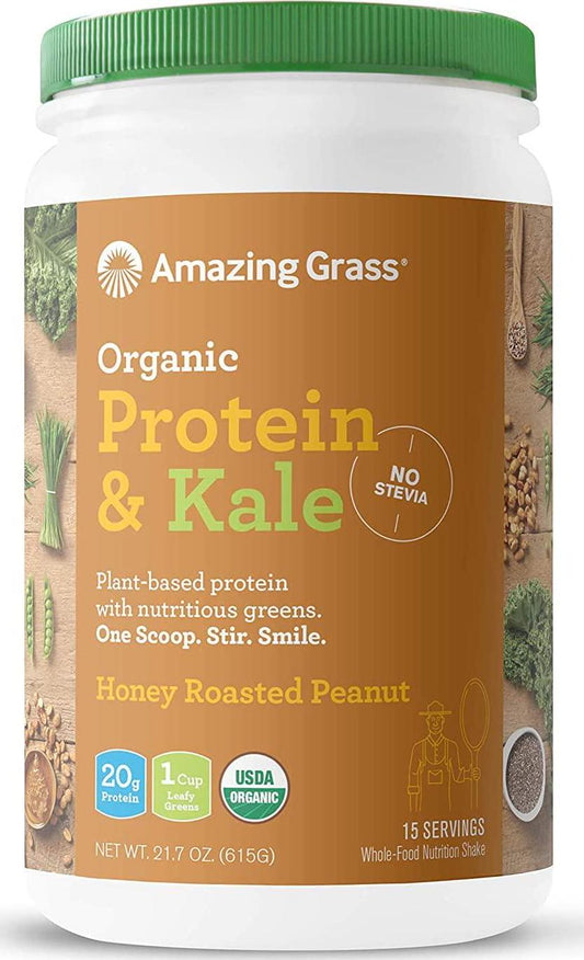 Amazing Grass | Protein and Kale - Organic, Plant-Based Protein Powder, with Nutritious Greens; No Stevia, 20g Protein, 1 Cup Leafy Greens, Gluten Free, No Dairy, Non GMO | Honey Roasted Peanut, 615g