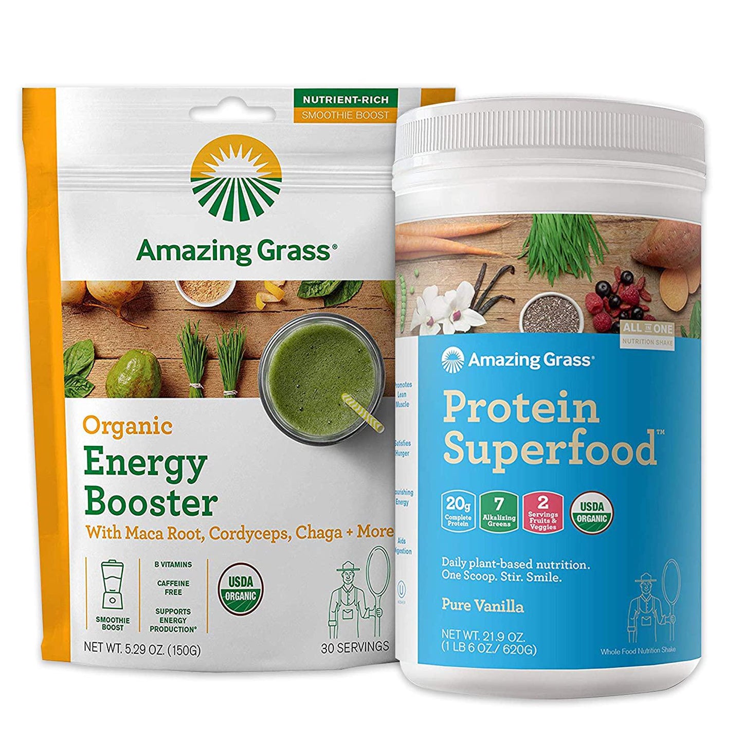 Amazing Grass Protein Superfood and Collagen Booster Bundle - Protein Superfood Powder Pure Vanilla and Energy Greens Powder Smoothie Booster