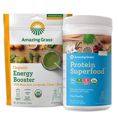 Amazing Grass Protein Superfood and Collagen Booster Bundle - Protein Superfood Powder Pure Vanilla and Energy Greens Powder Smoothie Booster