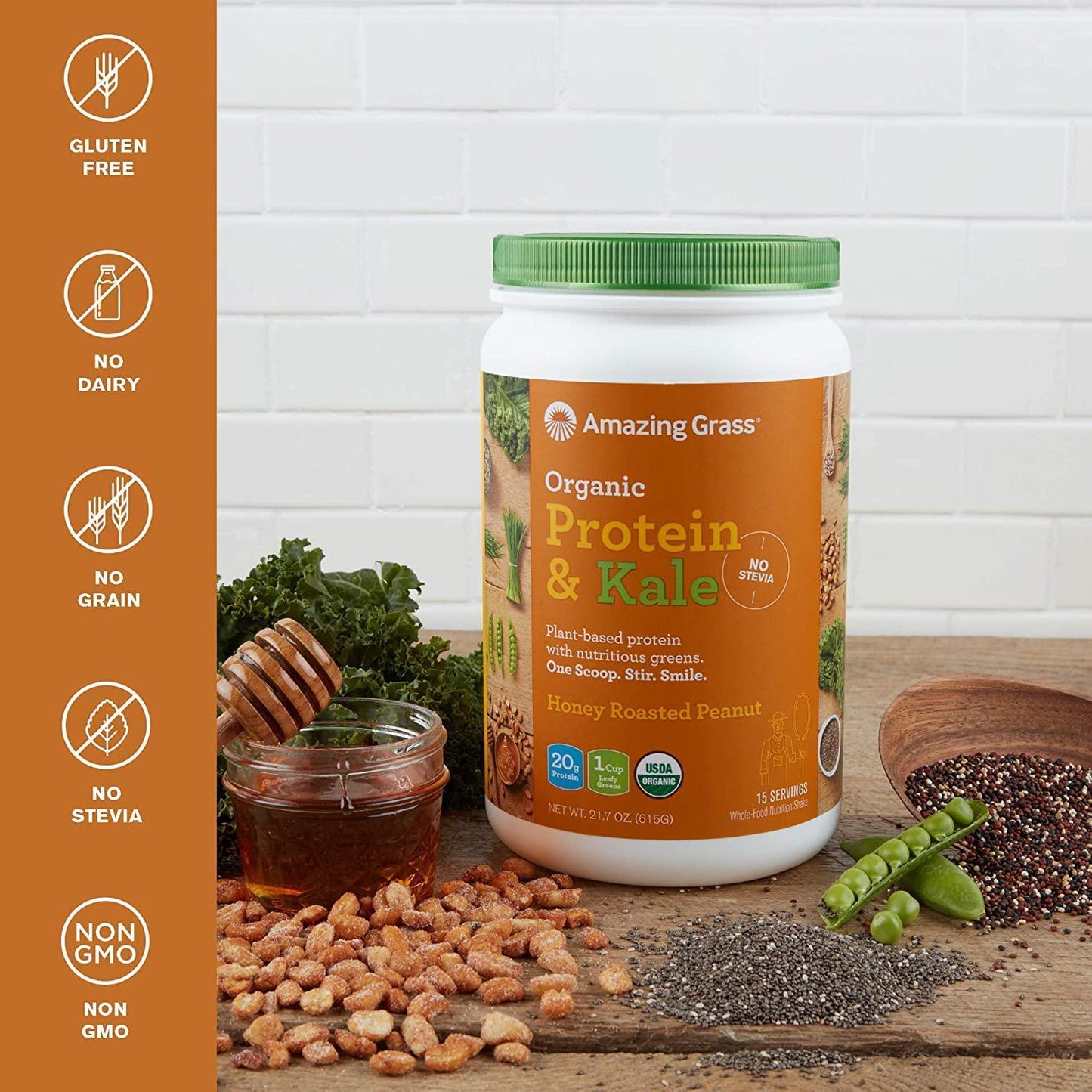 Amazing Grass | Protein and Kale - Organic, Plant-Based Protein Powder, with Nutritious Greens; No Stevia, 20g Protein, 1 Cup Leafy Greens, Gluten Free, No Dairy, Non GMO | Honey Roasted Peanut, 615g