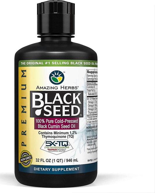 Amazing Herbs Premium Black Seed Oil - Cold Pressed Nigella Sativa Aids in Digestive Health, Immune Support, Brain Function, Joint Mobility, Gluten Free, Non GMO - 32 Fl Oz