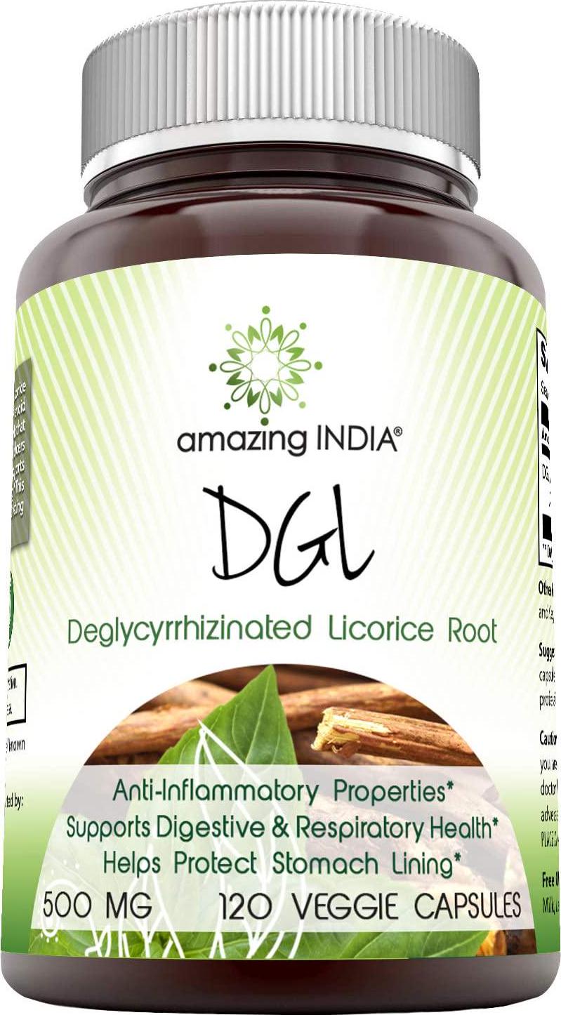 Amazing India DGL, 500 mg, 120 Vegetarian Capsules (Non-GMO)- Anti-Inflammatory Properties* Supports Digestive and Respiratory Health* Helps Protect Stomach Lining*