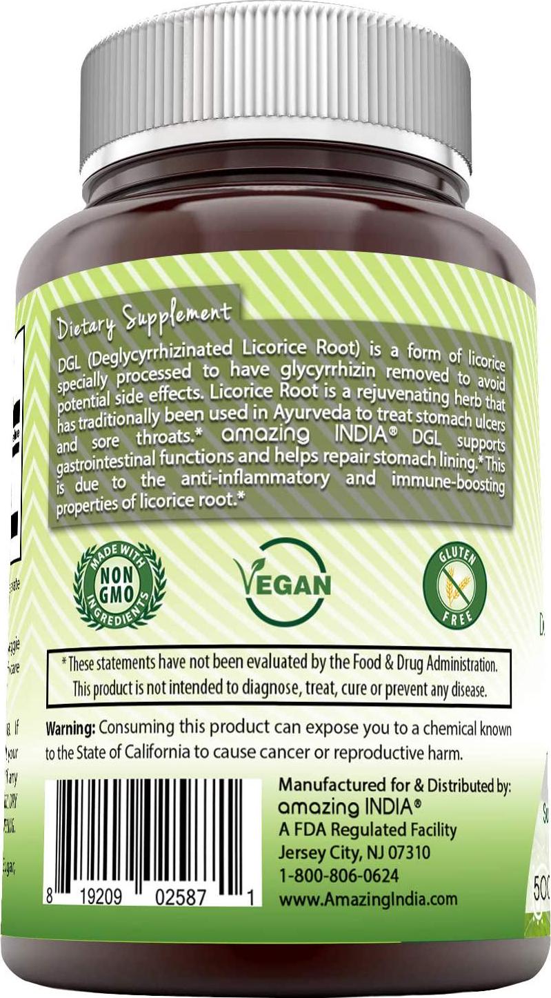 Amazing India DGL, 500 mg, 120 Vegetarian Capsules (Non-GMO)- Anti-Inflammatory Properties* Supports Digestive and Respiratory Health* Helps Protect Stomach Lining*