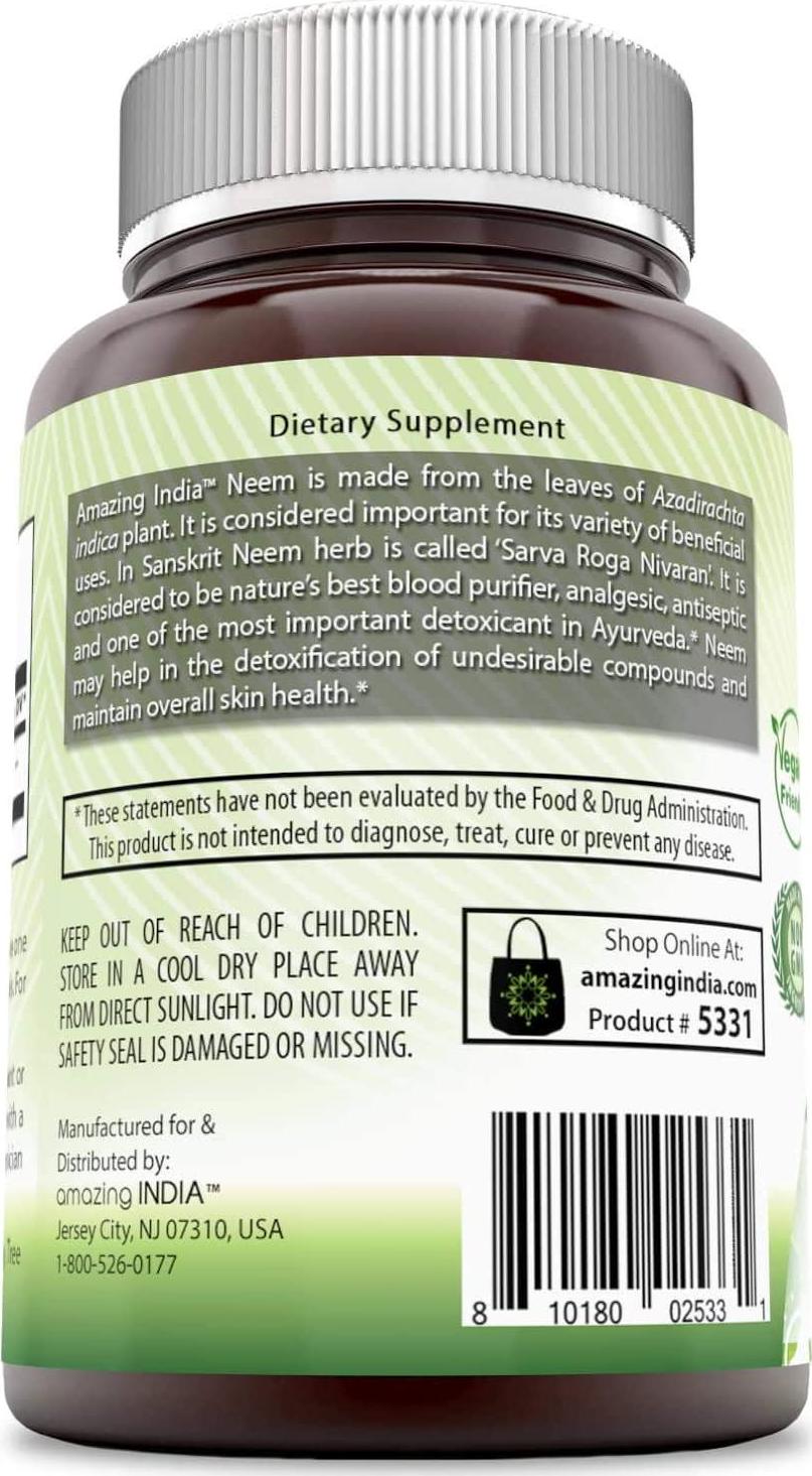 Amazing India Neem (Made with Organic Neem Leaf) 500 mg 120 Veggie Capsules (Non-GMO) Raw, Vegetarian- Gluten-Free, Plant-Based Nutrition - Promotes Blood Purification, Healthy Immunity and Healthy Skin