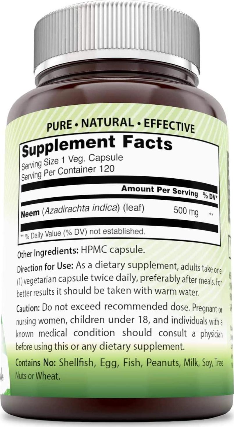 Amazing India Neem (Made with Organic Neem Leaf) 500 mg 120 Veggie Capsules (Non-GMO) Raw, Vegetarian- Gluten-Free, Plant-Based Nutrition - Promotes Blood Purification, Healthy Immunity and Healthy Skin