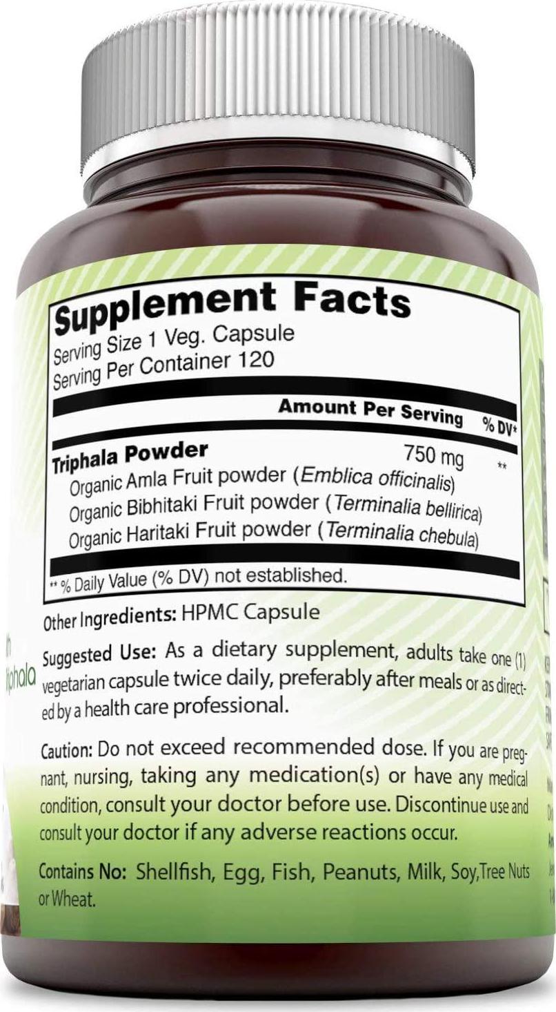 Amazing India Organic Triphala (3 Fruits) 750 mg 120 Veggie Capsules (Non-GMO) - Raw, Vegan- Gluten-Free, Plant-Based Nutrition - Supports Cell Regeneration, Detoxification and Overall Health*