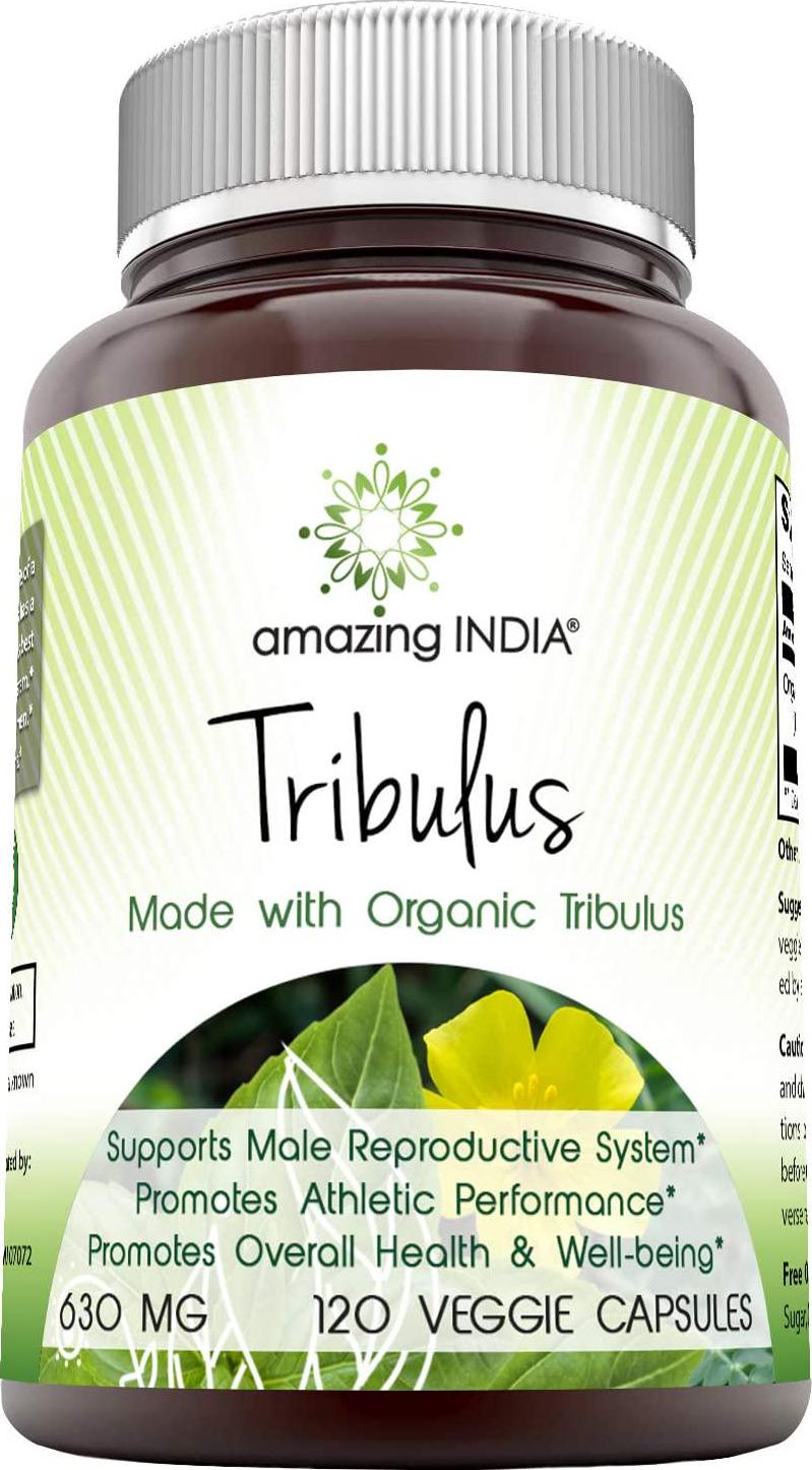 Amazing India Organic Tribulus 630 mg, 120 Veggie Capsules (Non-GMO,Gluten Free) Raw, Vegan,Plant-Based Nutrition. Supports Men's Reproductive Health, Promote Lean Muscle Mass, Supports Heart