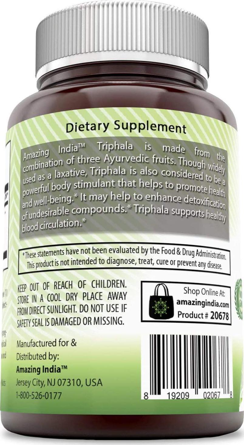 Amazing India Organic Triphala (3 Fruits) 750 mg 120 Veggie Capsules (Non-GMO) - Raw, Vegan- Gluten-Free, Plant-Based Nutrition - Supports Cell Regeneration, Detoxification and Overall Health*