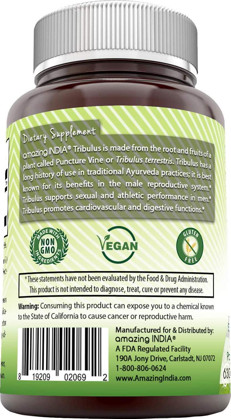 Amazing India Organic Tribulus 630 mg, 120 Veggie Capsules (Non-GMO,Gluten Free) Raw, Vegan,Plant-Based Nutrition. Supports Men's Reproductive Health, Promote Lean Muscle Mass, Supports Heart