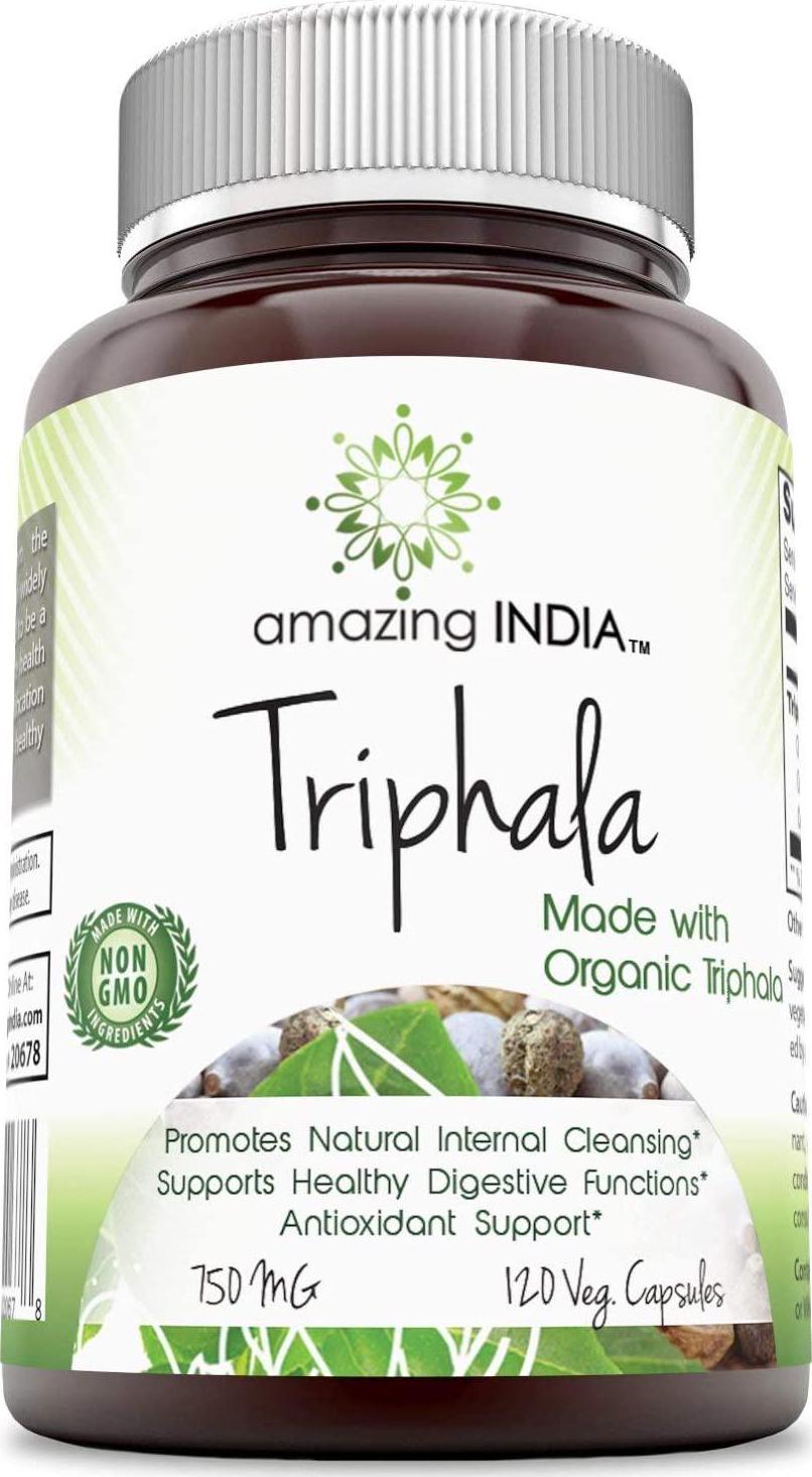 Amazing India Organic Triphala (3 Fruits) 750 mg 120 Veggie Capsules (Non-GMO) - Raw, Vegan- Gluten-Free, Plant-Based Nutrition - Supports Cell Regeneration, Detoxification and Overall Health*