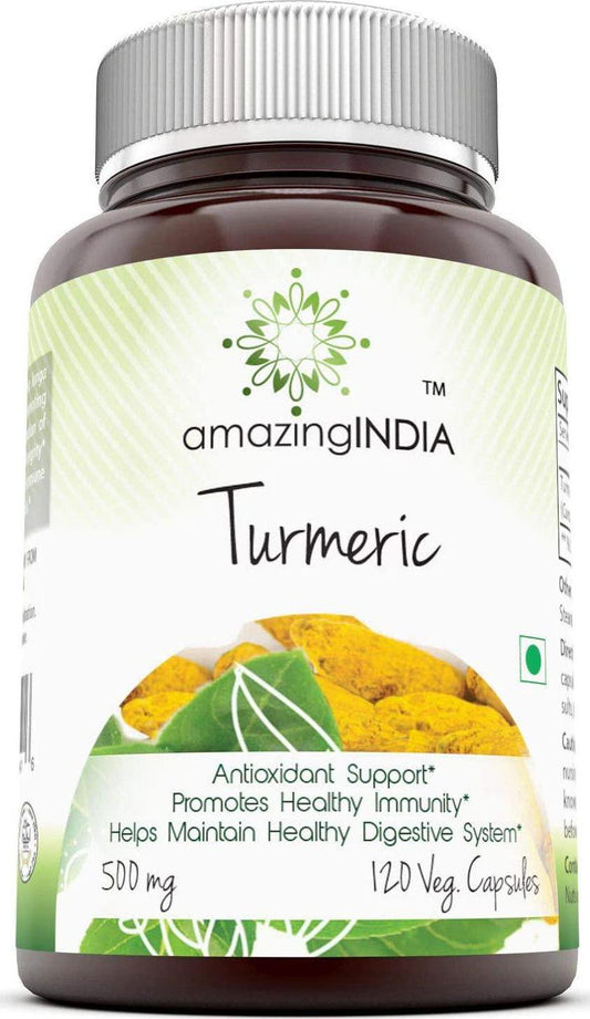 Amazing India Turmeric (Made with Organic Turmeric) 500 mg, 120 Veggie Capsules (Non-GMO) Per Bottle -Antioxidant Support* -Promotes Health Immunity* -Helps Maintain Healhy Digestive System*