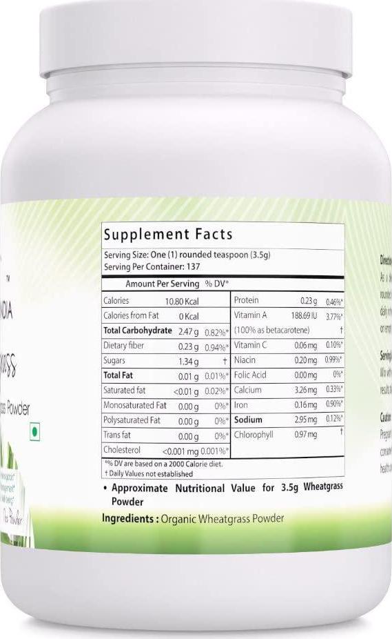 Amazing India USDA Certified Organic Wheatgrass Power 482 gm (17 oz) *Helps in The Formulation of Hemoglobin, Supports Healthy Weight Management,Promotes Overall Health and Well-Being Pack of 2