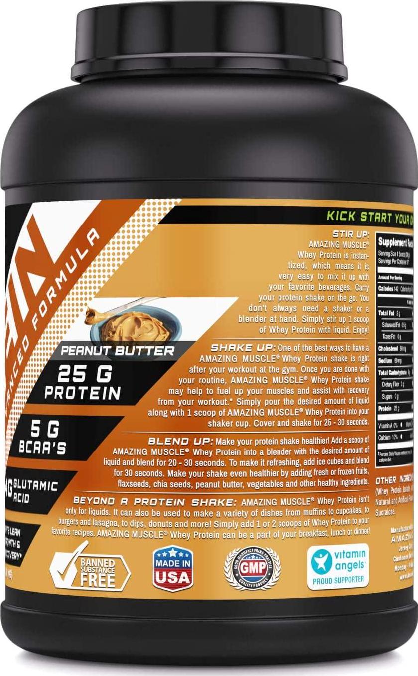Amazing Muscle 100% Whey Protein Powder * 5 Lbs *Advanced Formula with Whey Protein Isolate as a Primary Ingredient Along with Ultra Filtered Whey Protein Concentrate * Supports Lean Muscle Growth