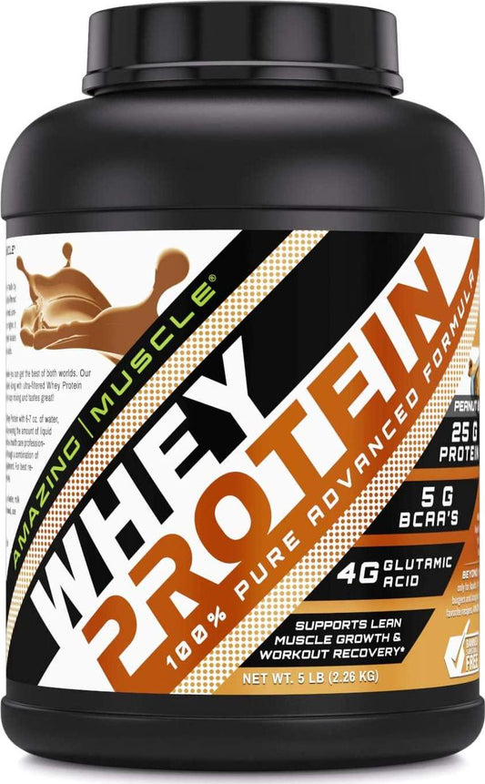 Amazing Muscle 100% Whey Protein Powder * 5 Lbs *Advanced Formula with Whey Protein Isolate as a Primary Ingredient Along with Ultra Filtered Whey Protein Concentrate * Supports Lean Muscle Growth