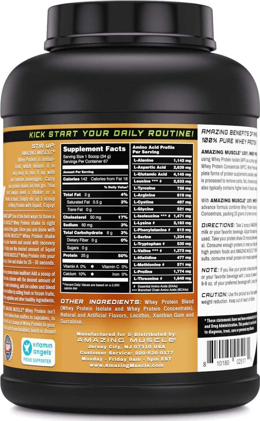 Amazing Muscle 100% Whey Protein Powder * 5 Lbs *Advanced Formula with Whey Protein Isolate as a Primary Ingredient Along with Ultra Filtered Whey Protein Concentrate * Supports Lean Muscle Growth