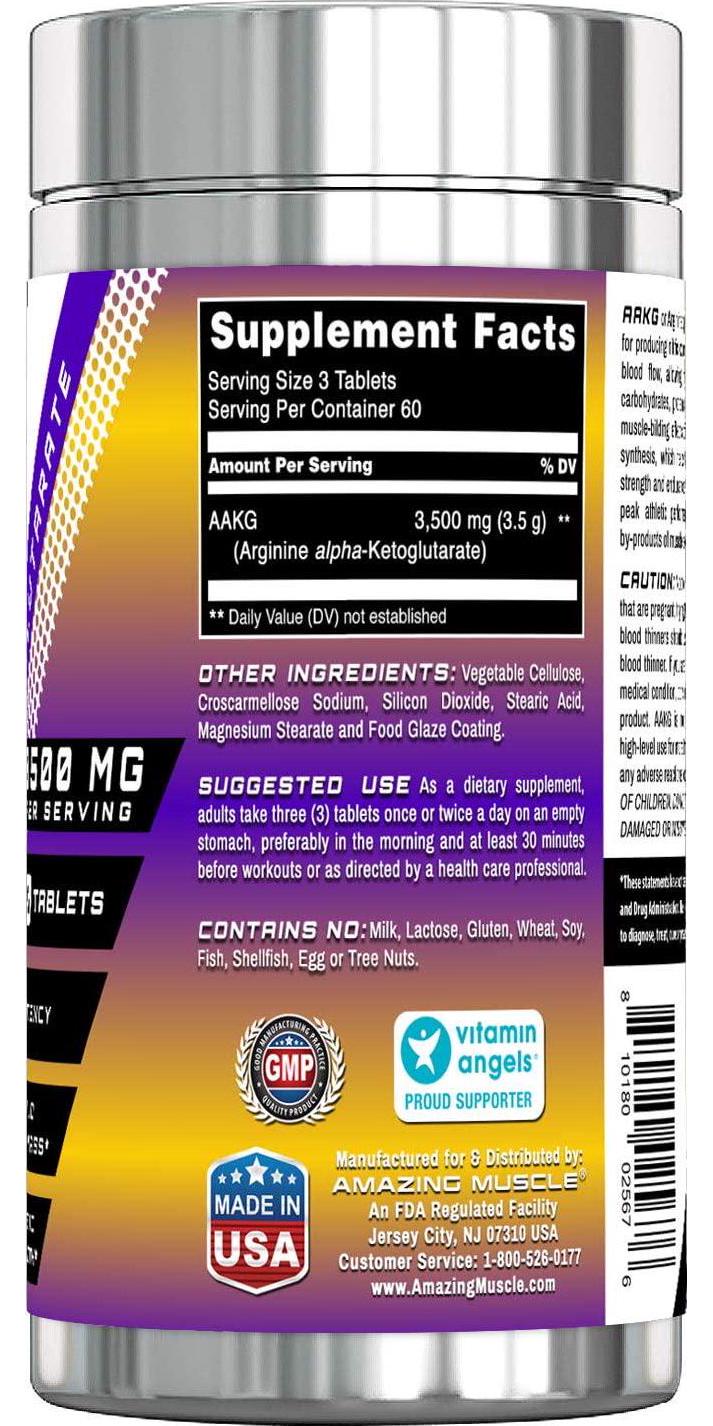 Amazing Muscle AAKG(Arginine Alpha-ketoglutarate) 3500 mg 180 Tablets 60 Serving - - Supports high Potency, Helps to Build Lean Muscle Mass and Supports Athletic Performance, Strength and Endurance
