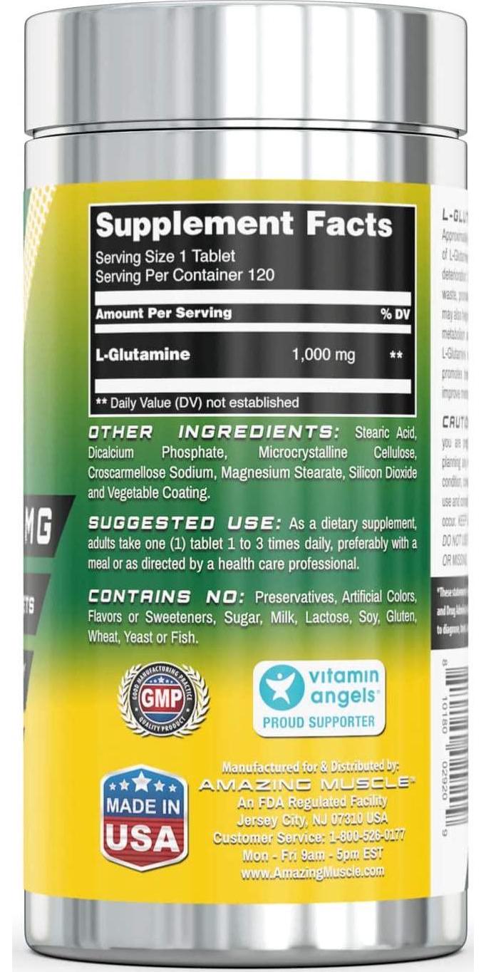 Amazing Muscle L Glutamine Tablets Supplement - 1000mg 120 Tablets Per Bottle - Promotes Workout Recovery, Supports The Immune System and Muscle Maintenance