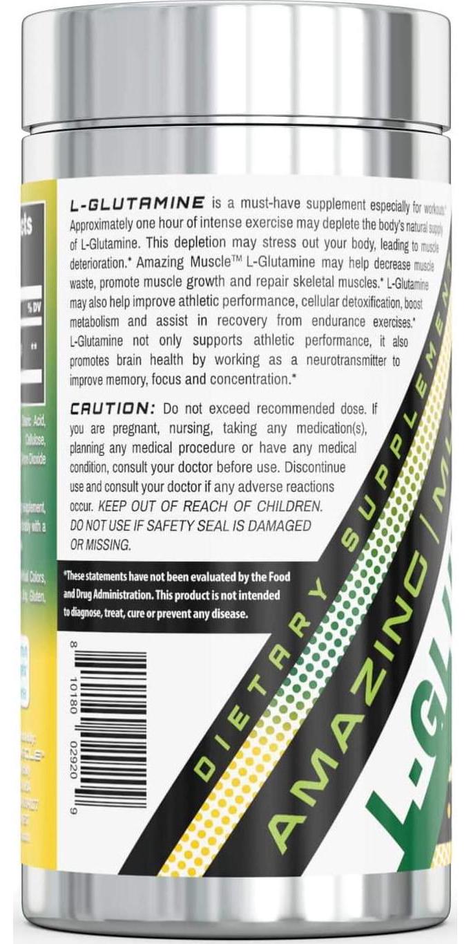 Amazing Muscle L Glutamine Tablets Supplement - 1000mg 120 Tablets Per Bottle - Promotes Workout Recovery, Supports The Immune System and Muscle Maintenance