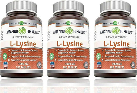 Amazing Nutrition Amazing Formulas L-Lysine - 1000mg Amino Acid Vitamin Tablets - Commonly Used For Cold Sores, Shingles, Immune Support, Respiratory Health and More - 180 Vegetarian Tablets (3 PACK)