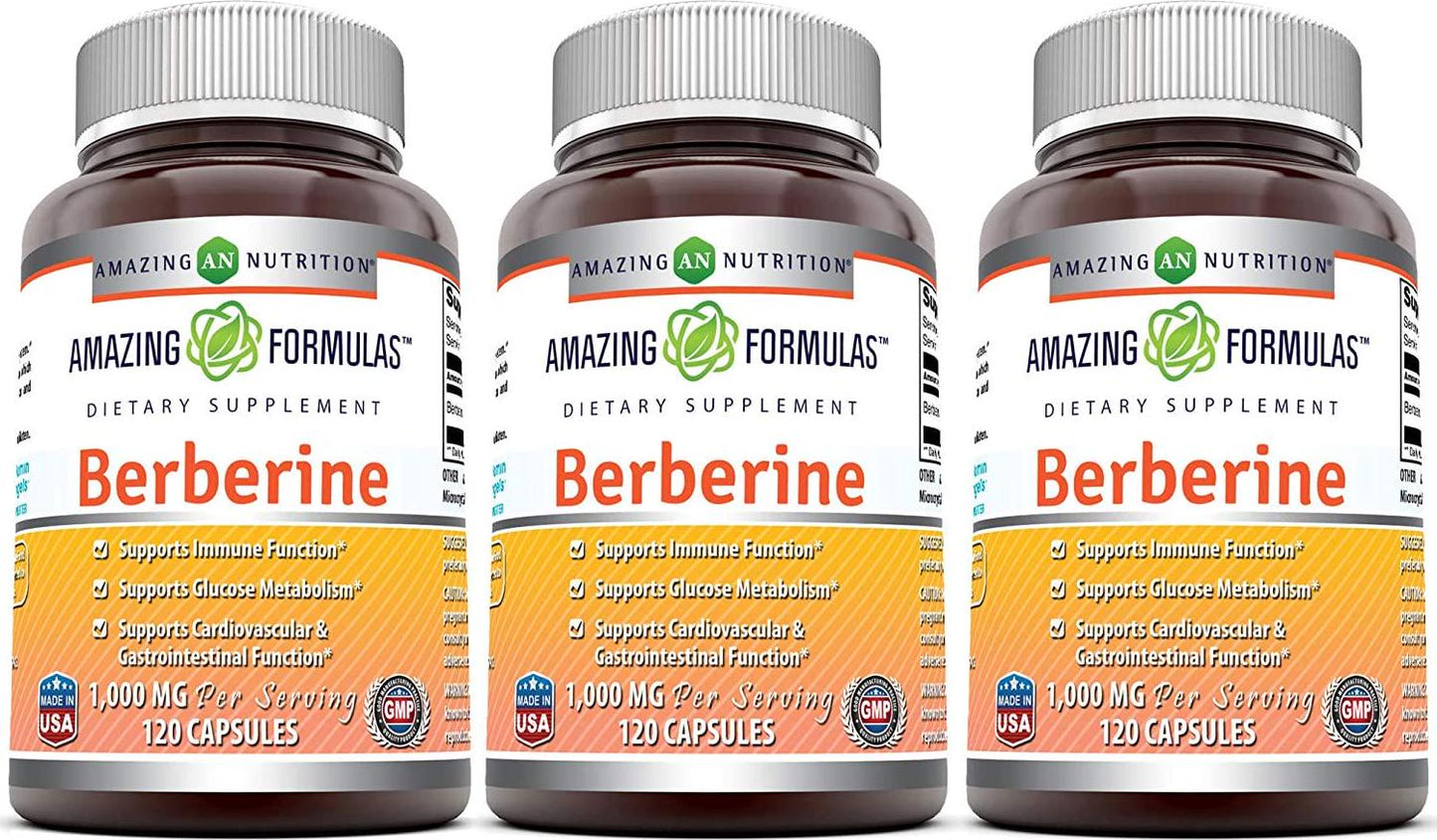 Amazing Nutrition Berberine Plus 500 mg 120 Capsules - Supports immune system - Supports glucose metabolism - Aid in healthy weight management - (3 Pack)