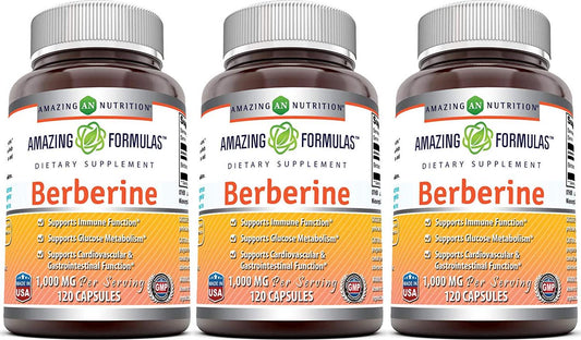Amazing Nutrition Berberine Plus 500 mg 120 Capsules - Supports immune system - Supports glucose metabolism - Aid in healthy weight management - (3 Pack)
