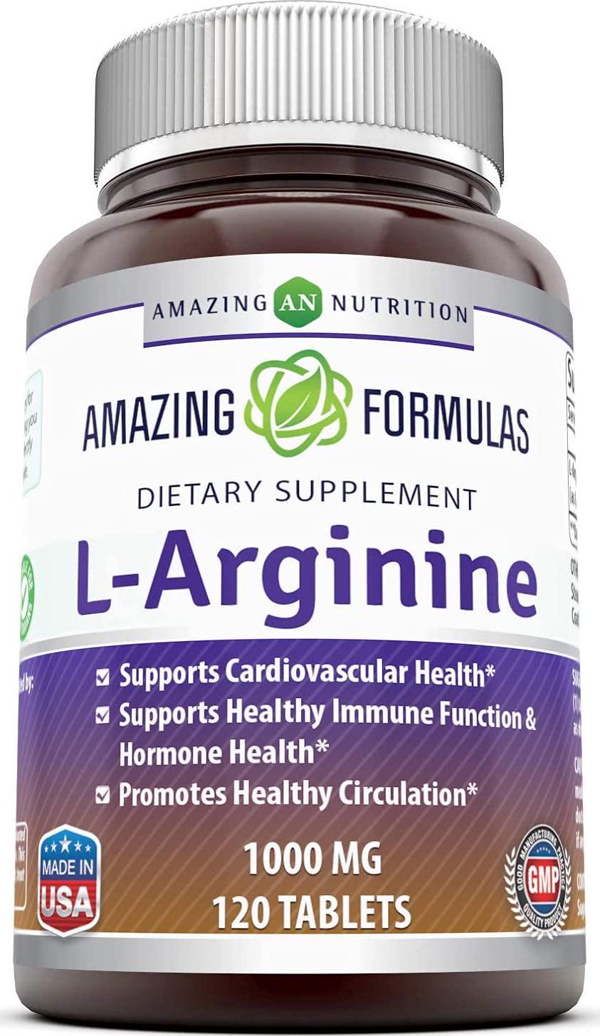 Amazing Nutrition L-Arginine 1000mg Supplement - Best Amino Acid Arginine HCL Supplements for Women and Man - Promotes Circulation and Supports Cardiovascular Health - Tablets (Non-GMO,Gluten Free) (120 Count)