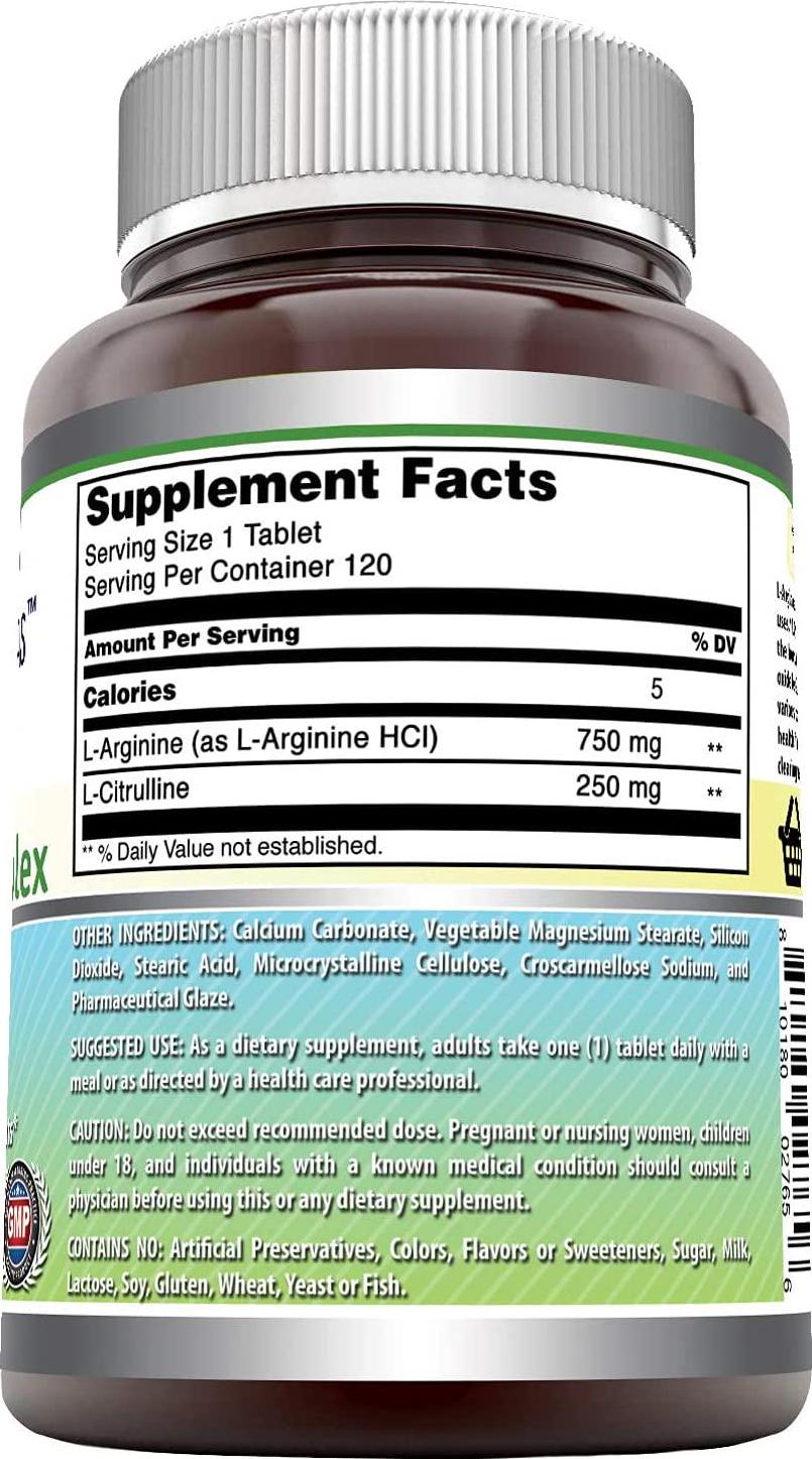 Amazing Nutrition L-Arginine/L-Citrulline Complex 1000 Mg Combines Two Amino Acids with Potential Health Benefits Supports Energy Production Ads (120 Tablets) (Non-GMO,Gluten Free)