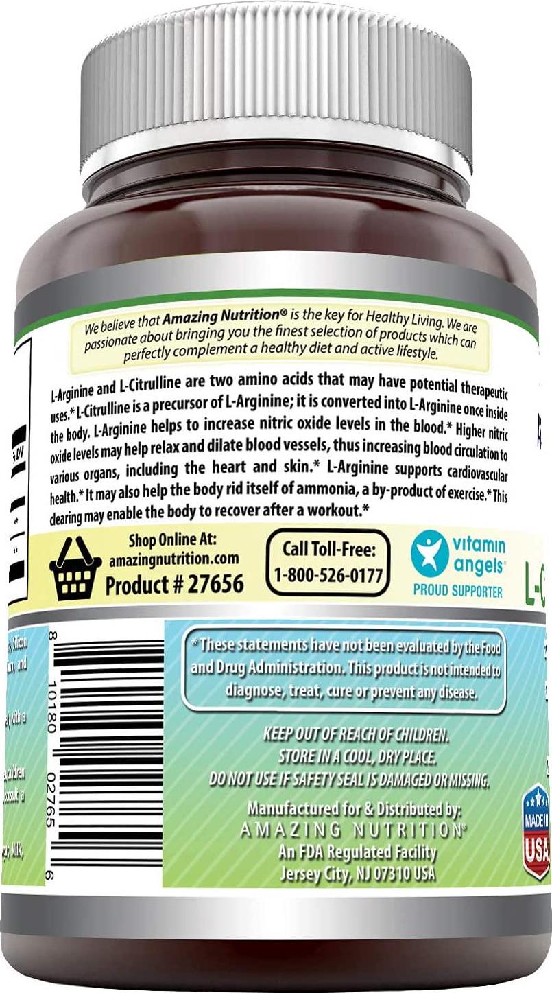 Amazing Nutrition L-Arginine/L-Citrulline Complex 1000 Mg Combines Two Amino Acids with Potential Health Benefits Supports Energy Production Ads (120 Tablets) (Non-GMO,Gluten Free)