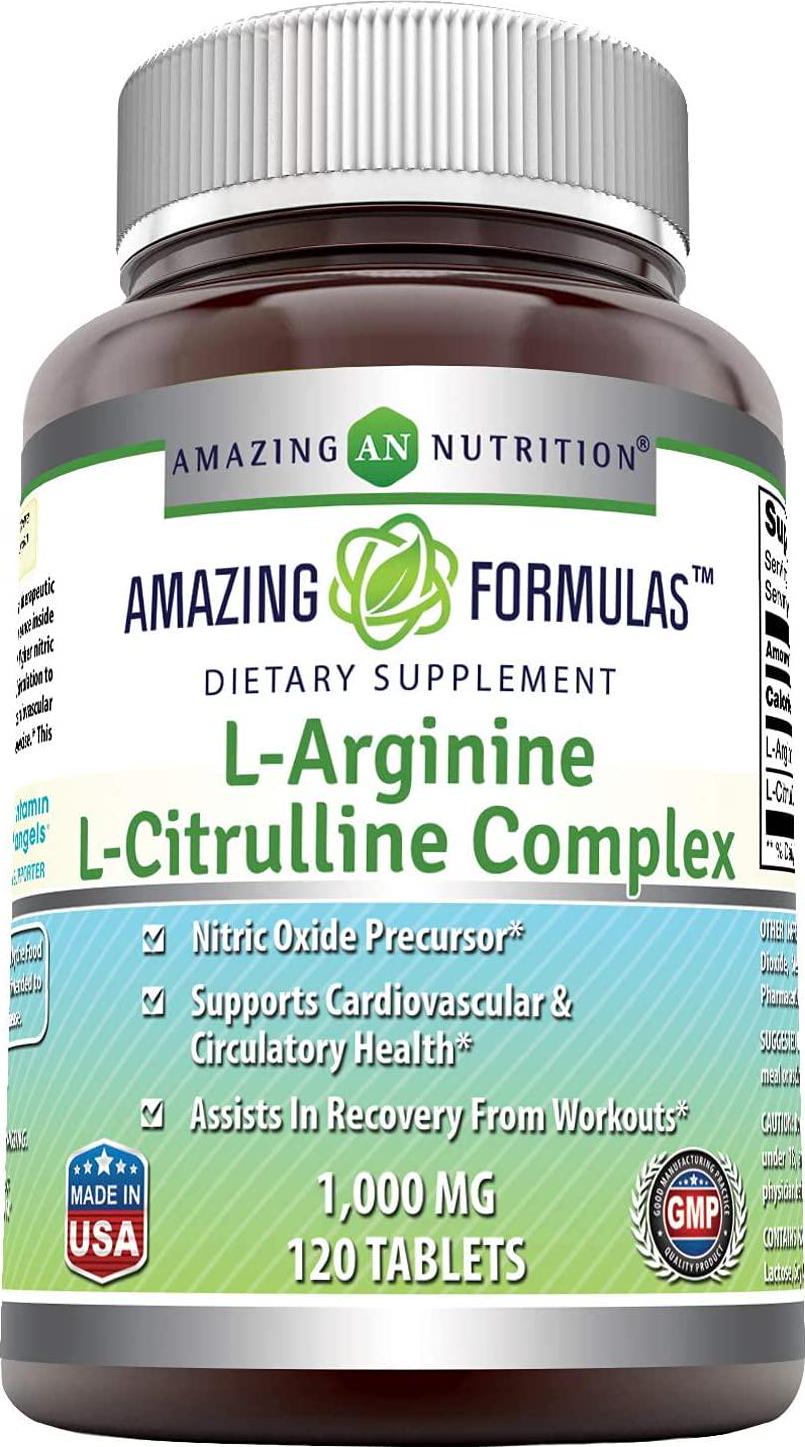 Amazing Nutrition L-Arginine/L-Citrulline Complex 1000 Mg Combines Two Amino Acids with Potential Health Benefits Supports Energy Production Ads (120 Tablets) (Non-GMO,Gluten Free)