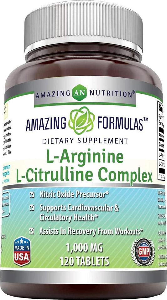 Amazing Nutrition L-Arginine/L-Citrulline Complex 1000 Mg Combines Two Amino Acids with Potential Health Benefits Supports Energy Production Ads (120 Tablets) (Non-GMO,Gluten Free)