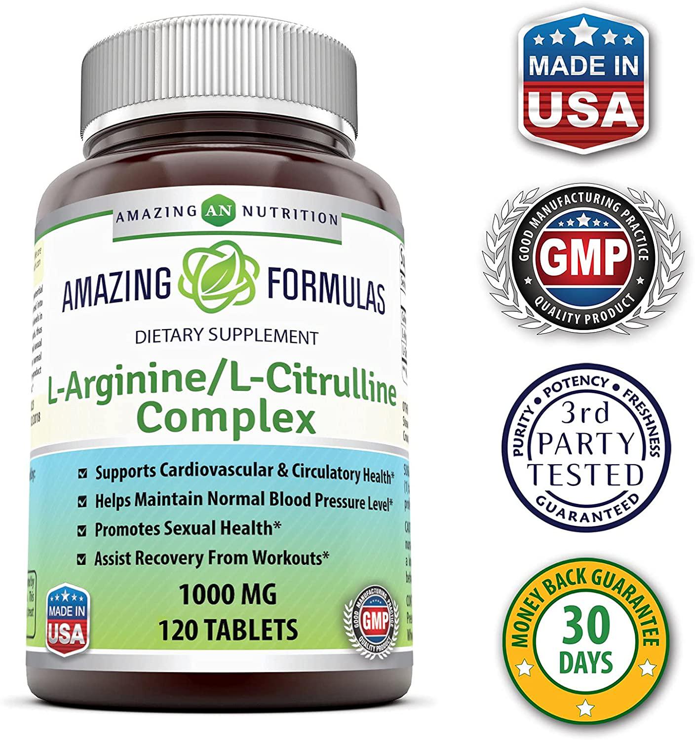 Amazing Nutrition L-Arginine/L-Citrulline Complex 1000 Mg Combines Two Amino Acids with Potential Health Benefits Supports Energy Production Ads (120 Tablets) (Non-GMO,Gluten Free)
