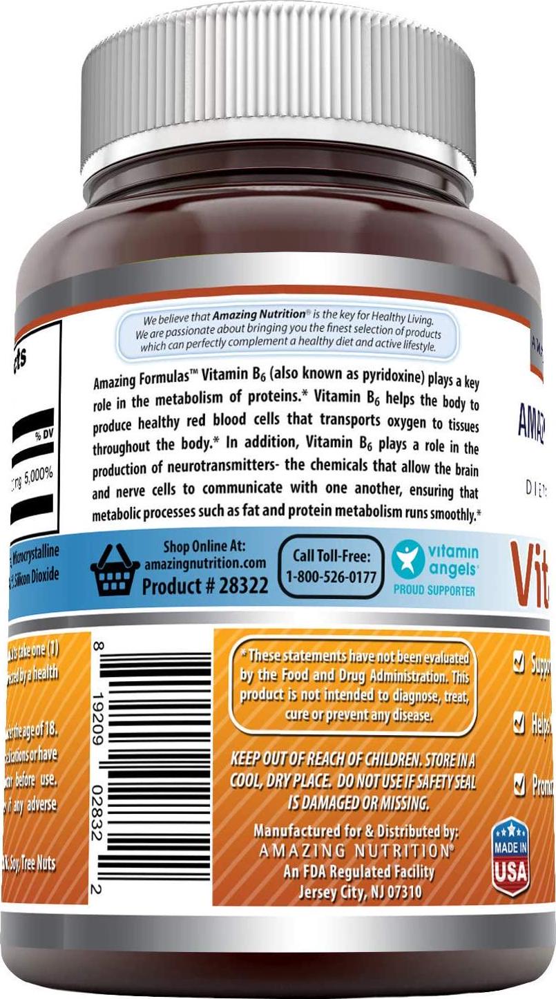 Amazing Nutrition Vitamin B6 Dietary Supplement – 100 mg Tablets (Non-GMO,Gluten Free) – Supports Healthy Nervous System, Metabolism and Cell Health (250 Count)