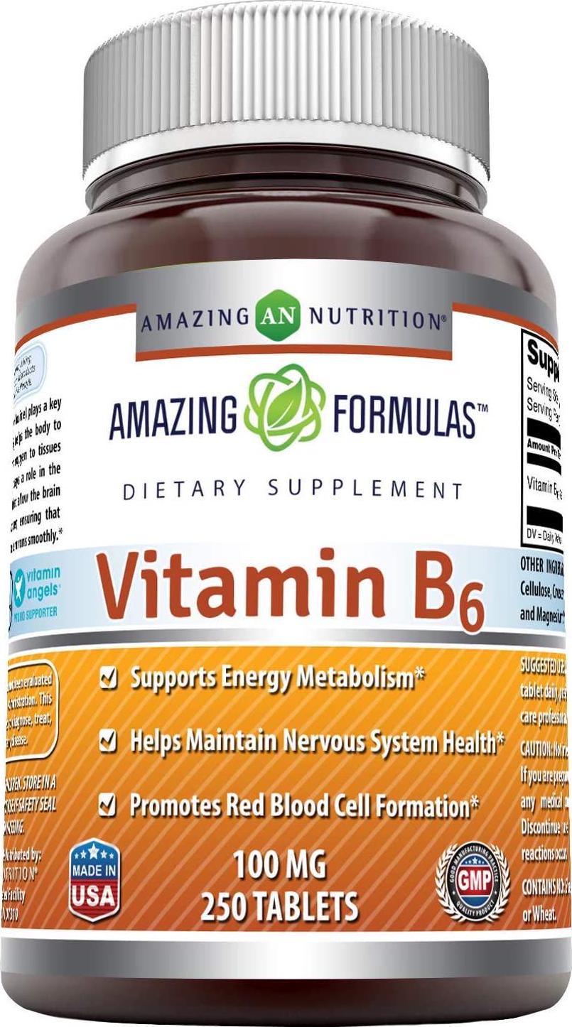 Amazing Nutrition Vitamin B6 Dietary Supplement – 100 mg Tablets (Non-GMO,Gluten Free) – Supports Healthy Nervous System, Metabolism and Cell Health (250 Count)