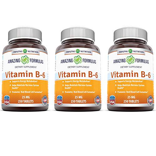 Amazing Nutrition Vitamin B6 Dietary Supplement - 25 mg, Pack of 3-250 Tablets - Supports Healthy Nervous System, Metabolism and Cell Health